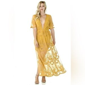 SOHCUE - Elegant Yellow Lace Maxi Dress embroidered